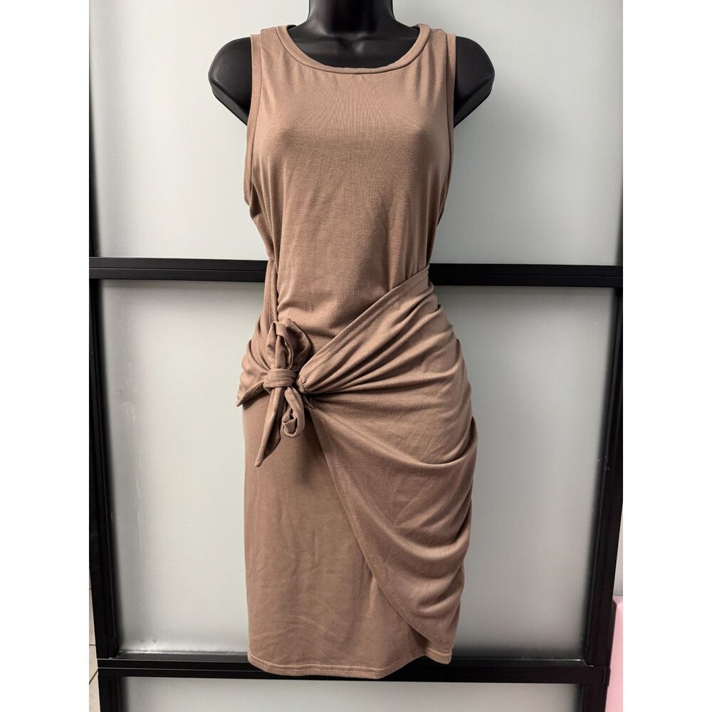 LILLUSORY Sleeveless Ruched Tie-Waist Bodycon Tank Dress in Coffee Large